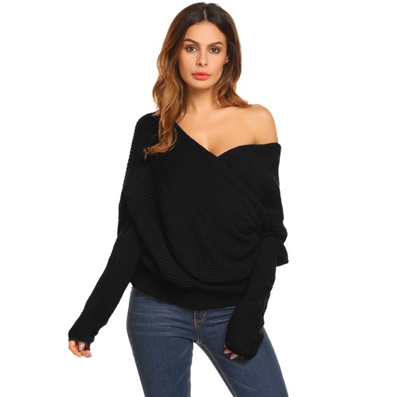 Cross Front Slouchy Off Shoulder Knit Sweater - Picture 2 of 5